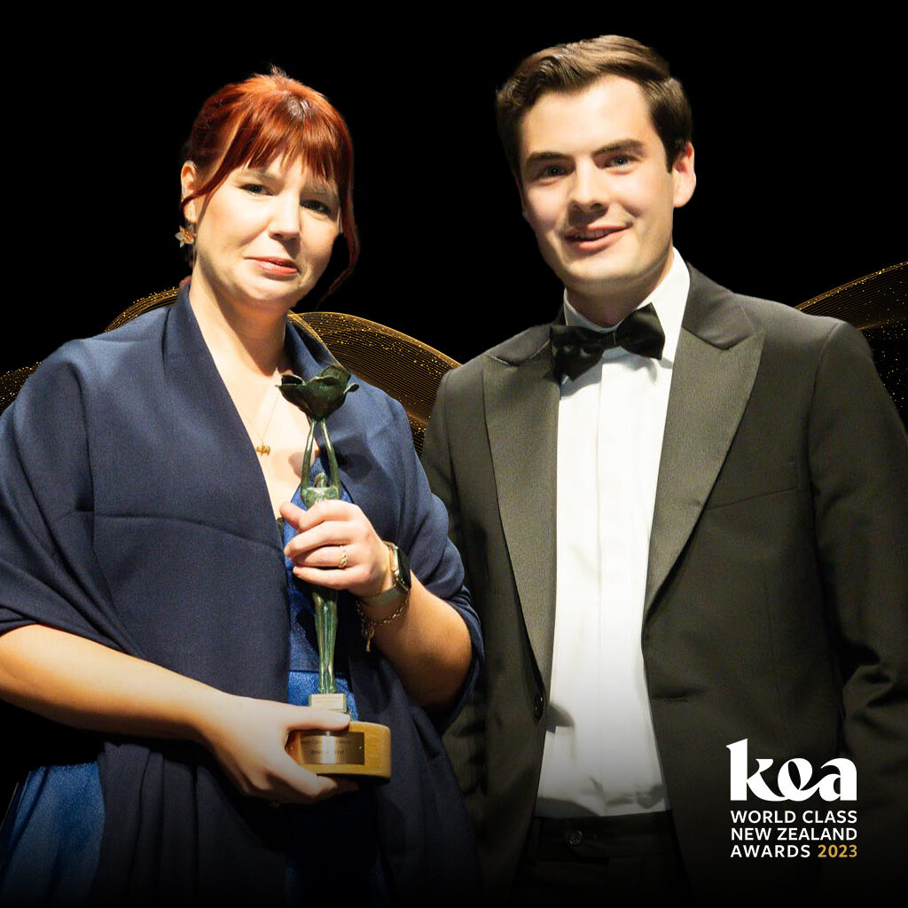 2023 Kea World Class New Zealand Award winner Brianne West accepting award on the night