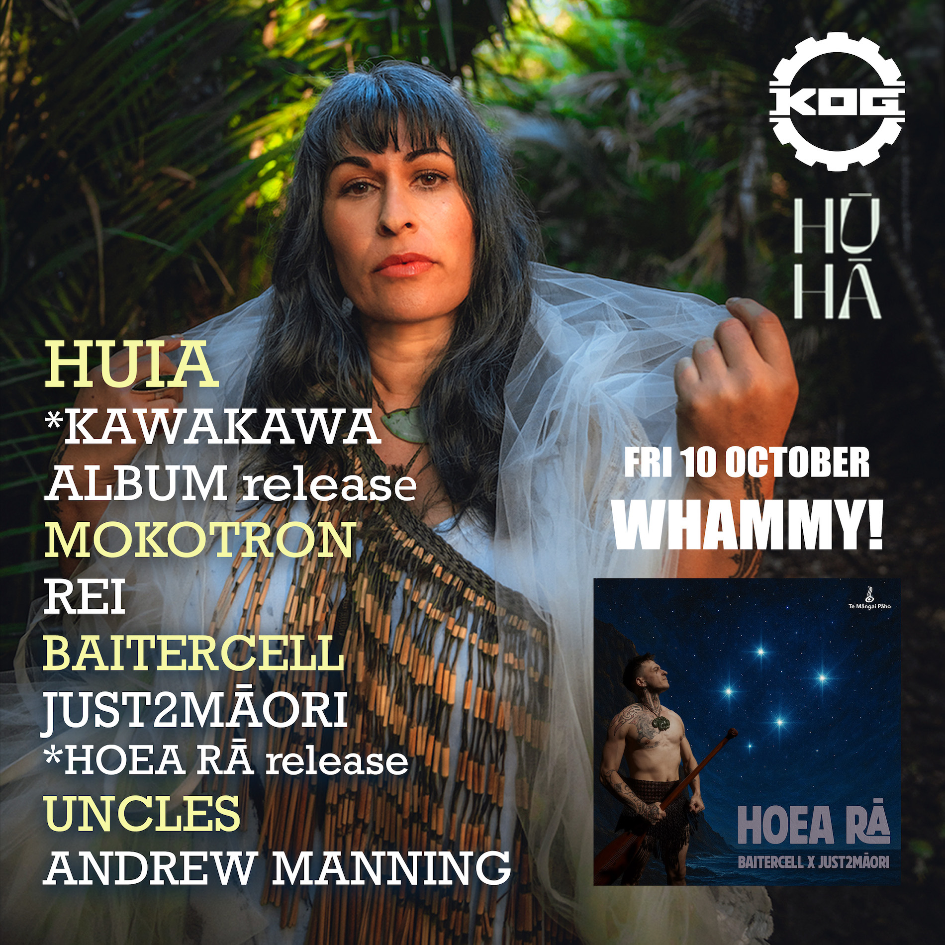 Kog Presents: HUIA Kawakawa Album release, Baitercell X Just2Māori, Mokotron, Rei and friends (Music Event)